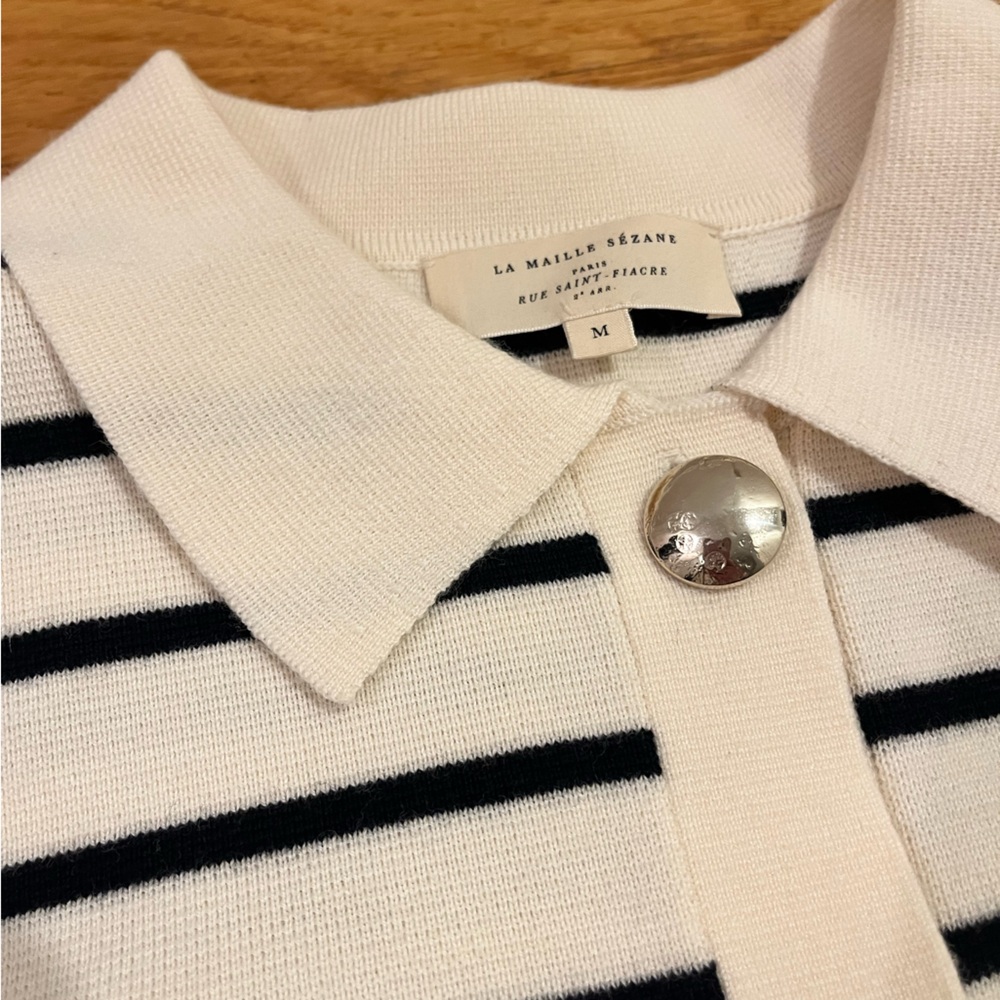 Sezane Betty cardigan in navy blue and ecru stripe - Picture 5 of 9